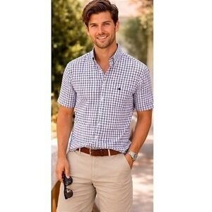 Ralph Lauren Sport Blue Yellow Plaid Short Sleeve Button Up Shirt Size Large EUC